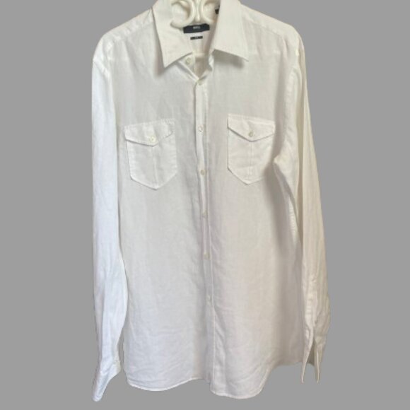 BOSS Hugo Boss White Button-Down Linen Shirt. Size: XL - Picture 6 of 13